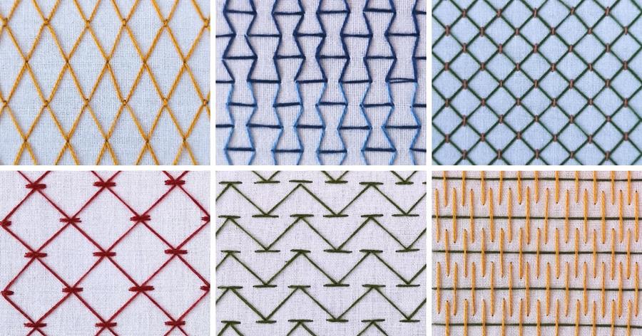 Hand embroidery Filling stitches 2 1 6 filling stitches,Fly stitch, Trellis, Burden, Japanese darning, Chevron, Double chevron