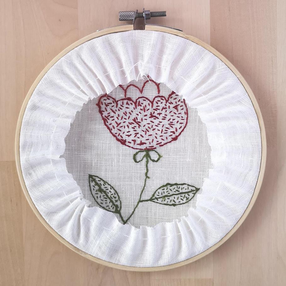 Framing the embroidery in a hoop 5 Red flower embroidery framing in a hoop